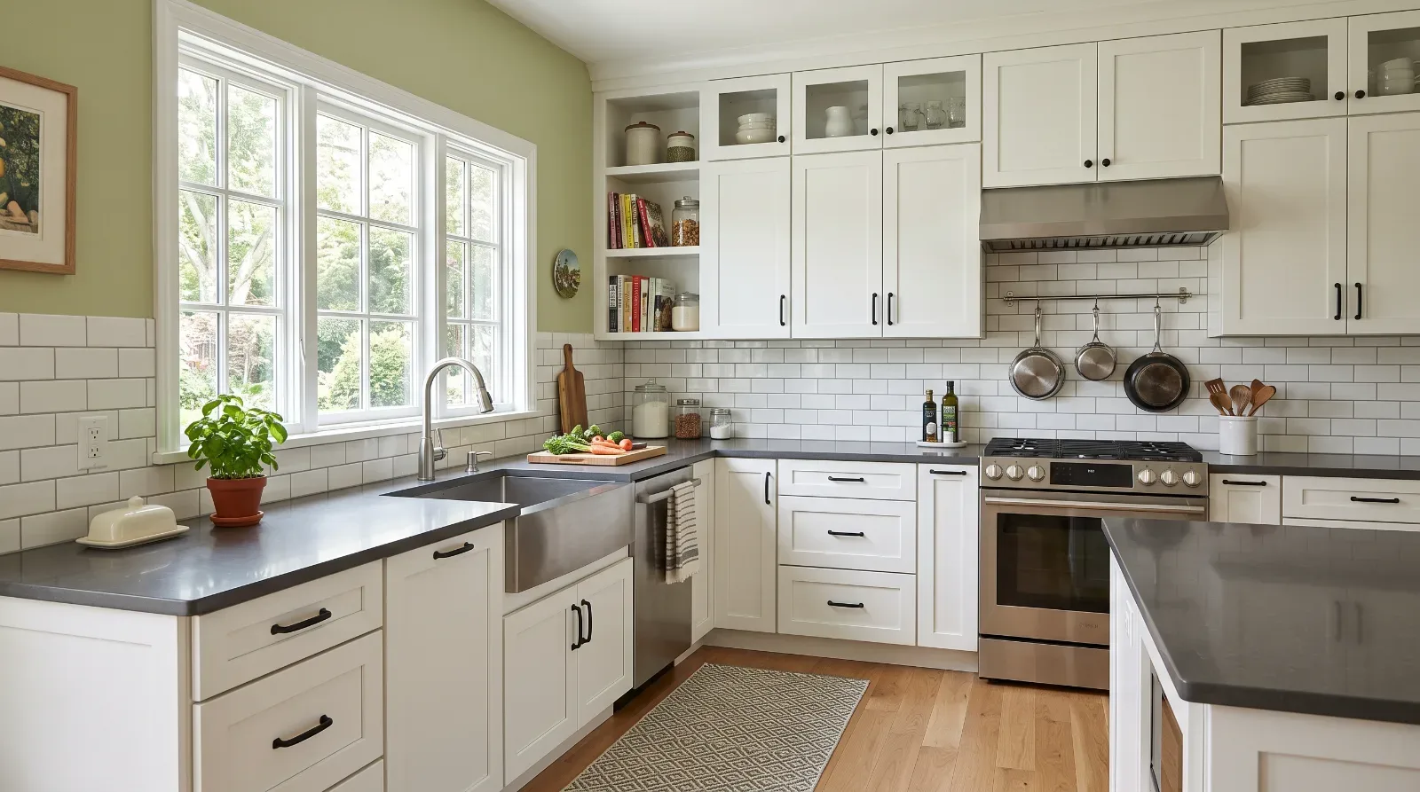 a kitchen with dado tiles above the counter.