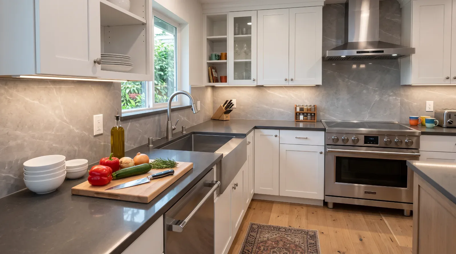 large glossy dado, porcelain slab behind the counter
