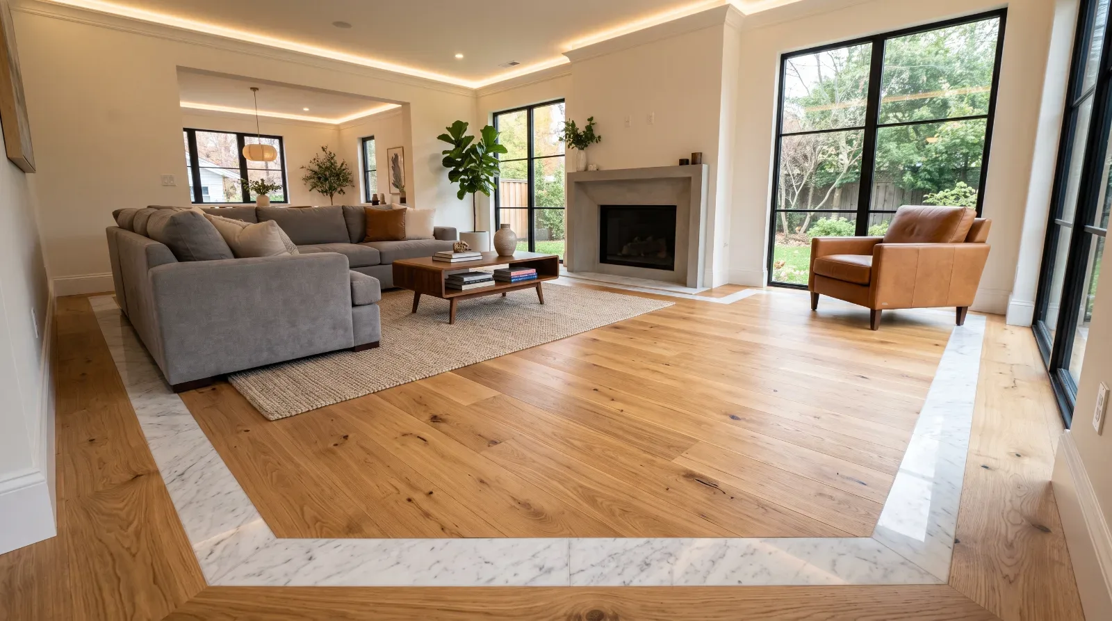 a living room floor with a marble border